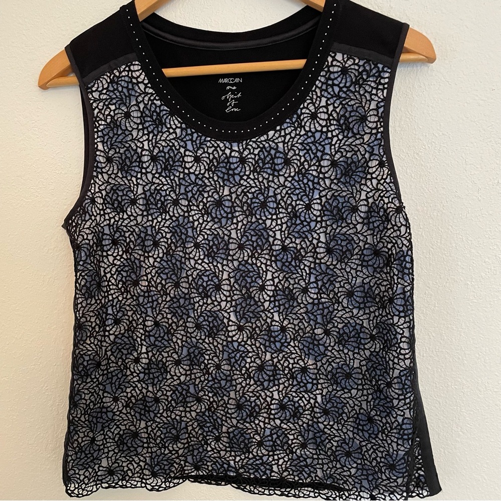 Marc Cain Sleeveless Black Guipure Lace Front Top Size N4 (US 10)